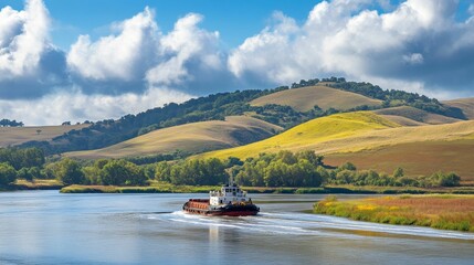 Tugboat cruises river with hills and cloudy sky.