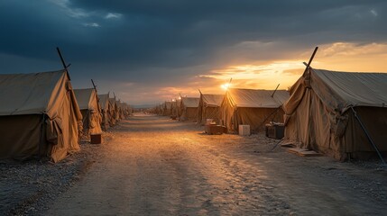 Sunset over a row of desert army tents