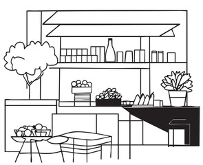 Grocery store shop interior black white graphic sketch illustration vector. Market