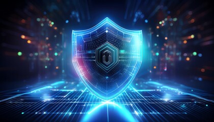 A futuristic digital shield representing cybersecurity, surrounded by glowing data streams and a high-tech environment.