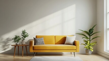 A bright and modern living room featuring a stylish yellow sofa, natural light, and vibrant indoor plants for a cozy atmosphere.