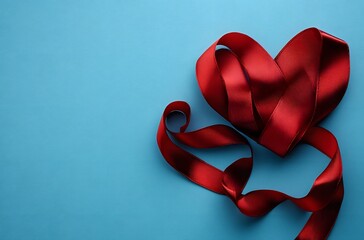 Red satin ribbon shaped like a heart on blue background
