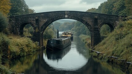 Fototapeta premium Canal boats travel under stone bridge with trees.
