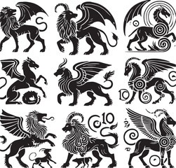 Black Color Mythic Bird Griffin Silhouette Vector Illustration, Solid White Background