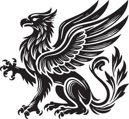 Black Color Mythic Bird Griffin Silhouette Vector Illustration, Solid White Background