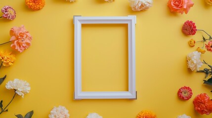 A blank white picture frame with metal edges centered encircled by roses and marigolds