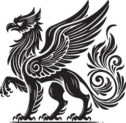 Black Color Mythic Bird Griffin Silhouette Vector Illustration, Solid White Background