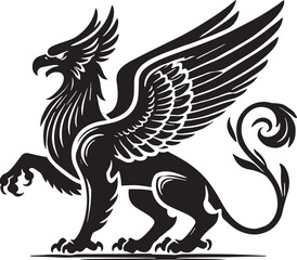 Black Color Mythic Bird Griffin Silhouette Vector Illustration, Solid White Background