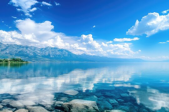 A lakeside summer view with reflections of moving clouds in the still water and a vibrant blue backdrop.