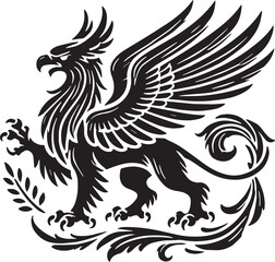 Black Color Mythic Bird Griffin Silhouette Vector Illustration, Solid White Background