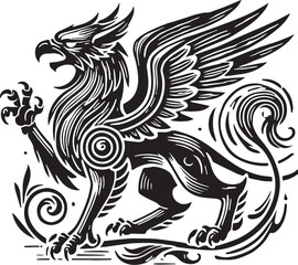 Black Color Mythic Bird Griffin Silhouette Vector Illustration, Solid White Background