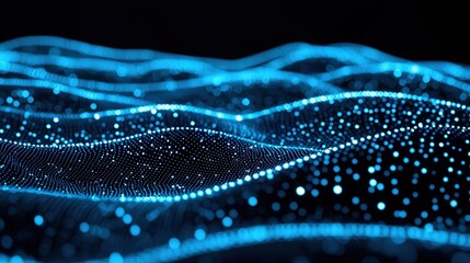 Artificial intelligence, SIEM concept, A captivating digital landscape of blue waves and sparkling particles, evoking a sense of depth and motion in a futuristic ambiance.