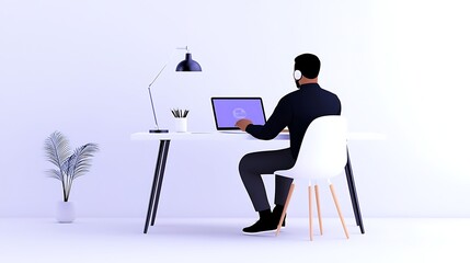 Focused Man Working on Laptop at Minimalist Desk