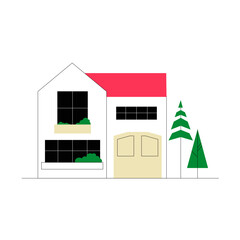Modern Suburban House With Trees And Red Roof In Flat Vector Illustration Symbolizing Residential Living, Family Home, And Architecture, Isolated On White Background