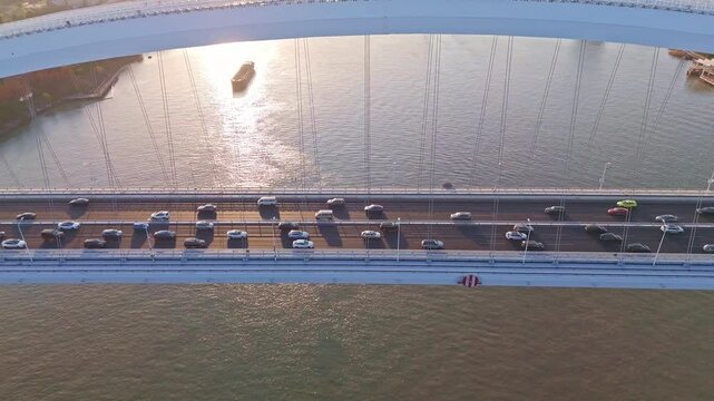 4K Real Time Aerial view of Lupu bridge and Huangpu River in Shanghai at sunset, China