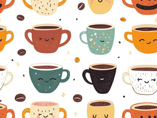 A charming pattern of coffee mugs with pastel tones and delicate designs, featuring stripes, hearts, and floral motifs on a white background.
