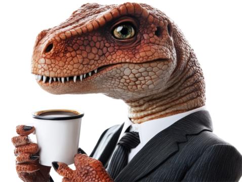 Isolated Dinosaur in Suit with Mug of Coffee