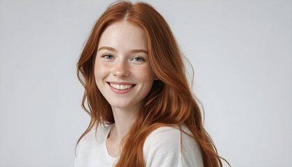 Portrait jeune femme souriant heureuse longs cheveux roux taches rousseur fond blanc.