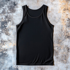 Black tank top flat lays on modern concrete surface. Lying basic a-shirt mockup. Unisex, gender neutral sleeveless blank tee template. Regular athletic shirt mockup. Casual tee mock up	