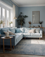 Soft and Calm Scandinavian Living Room with Fluffy Couch Pastel Blue Sofa and Clean Cozy Minimalist Design Interior Design Inspiration