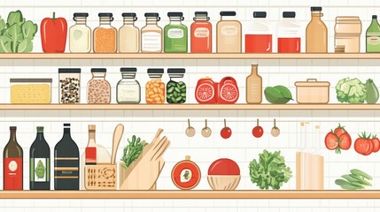 Well-Organized Pantry Shelves with Various Food Items and Condiments