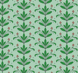 Decorative Seamless Pattern of Green Leaves and Red Berries on Light Green Background. Ideal for Textile, Wrapping Paper, Poster, Wallpaper. Vector Flat Style Illustration.