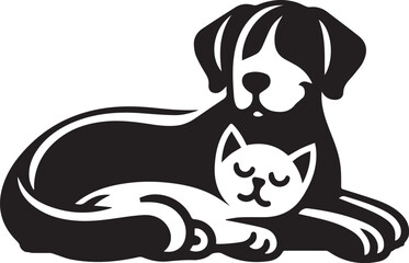 a black and white illustration of a dog and a cat.