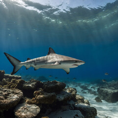 Fototapeta premium Graceful shark swimming peacefully among coral reefs in a clear ocean