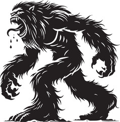 Black Color Mythic Creature Yeti Silhouette Vector Illustration, Solid White Background