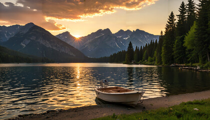 Obraz premium Sérénité au coucher du soleil sur le lac de montagne