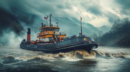 Obraz premium Tugboat moving through choppy water with mountain background.
