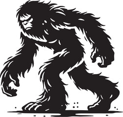 Black Color Mythic Creature Yeti Silhouette Vector Illustration, Solid White Background