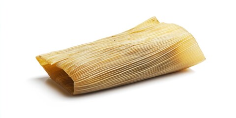 Tamale made with corn husk showcasing textures in natural beige and light yellow colors against a clean white background with space for text