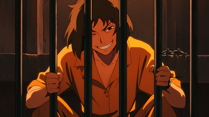 A young boy in prison clothes inside grips the bars of a prison cell.