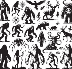 Black Color Mythic Creature Yeti Silhouette Vector Illustration, Solid White Background