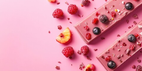 Aerial view of two stylish pink chocolate bars topped with berries and fruit pieces on a vibrant pink backdrop with scattered fruit elements