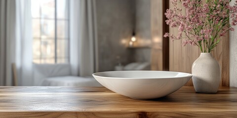 Elegant wooden tabletop with a white bowl and vase of pink flowers, blurred bright bathroom background with natural light and soft curtains.