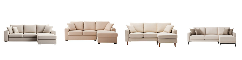 Fototapeta premium Stylish and Comfortable Modular Sofa Designs in Neutral Tones for Cozy Living Room Spaces A collection of various contemporary and modern sofa options in beige cream and gray hues