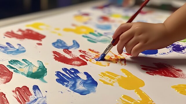 Child paints colorful handprints on white paper