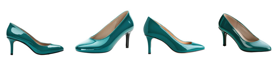 Obraz premium Elegant green patent leather high heel shoes on white background showcasing feminine fashion professional corporate style and chic office attire The sleek minimalist