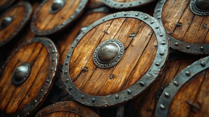 Wooden shields stacked, medieval setting, history, defense