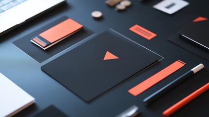 Naklejka premium Brand Value Concept. Stylish workspace with black and orange stationery items.