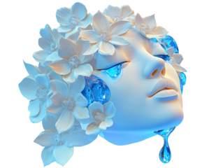 Isolated Female Face with Water Tears and White Flowers