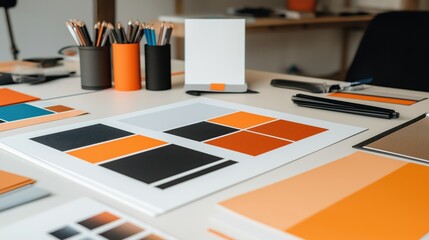 Brand Value Concept. Colorful design workspace with various orange palettes and stationery items.