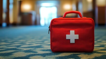 Red first-aid kit on blue carpet in hallway.