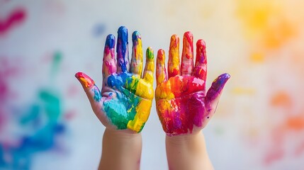 Colorful painted hands child art creation