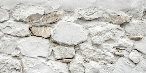 Fototapeta premium Whitewashed stone wall texture with irregular stones in shades of off-white and light gray, featuring a rough, weathered appearance against a smooth background.