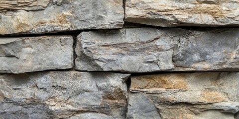 Fototapeta premium Natural stone wall texture with grey and beige tones featuring rough surfaces and visible imperfections, arranged in a rugged, stacked pattern