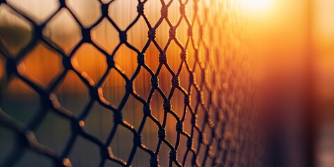 Tennis net illuminated by warm sunset hues in the background with soft bokeh effect and ample copyspace on the right side for text placement