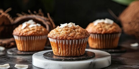 Homemade coconut cinnamon muffins on marble coasters with a dark background featuring brown and white tones highlighting a healthy dessert concept
